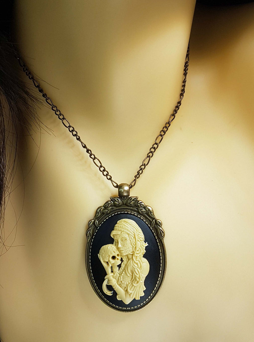 Cameo Necklace, Victorian Lady Black Cameo Pendant, Gold